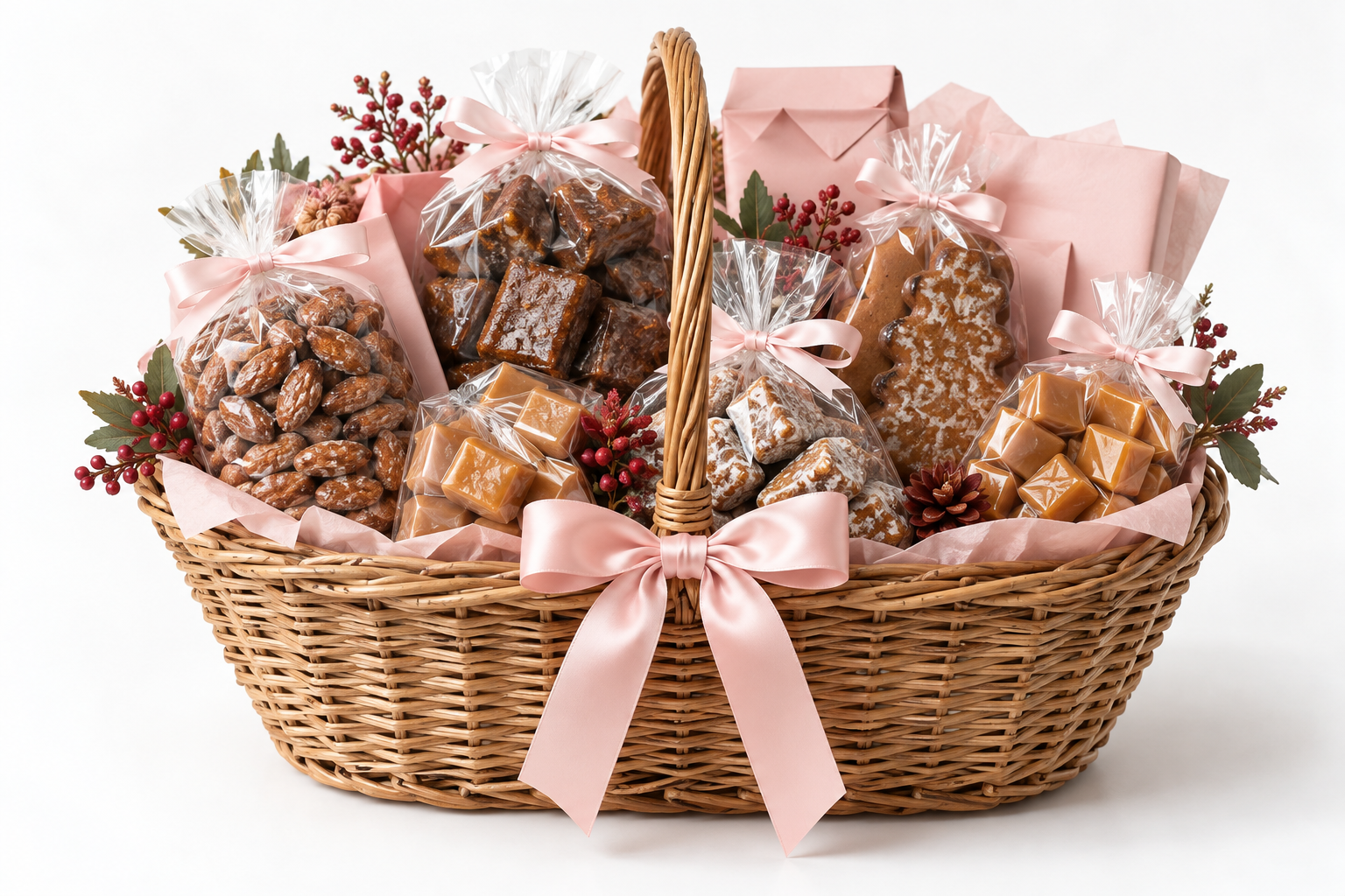 Beispiel eines Geschenkkorbs mit Confiseriewaren und rosa Verpackungen